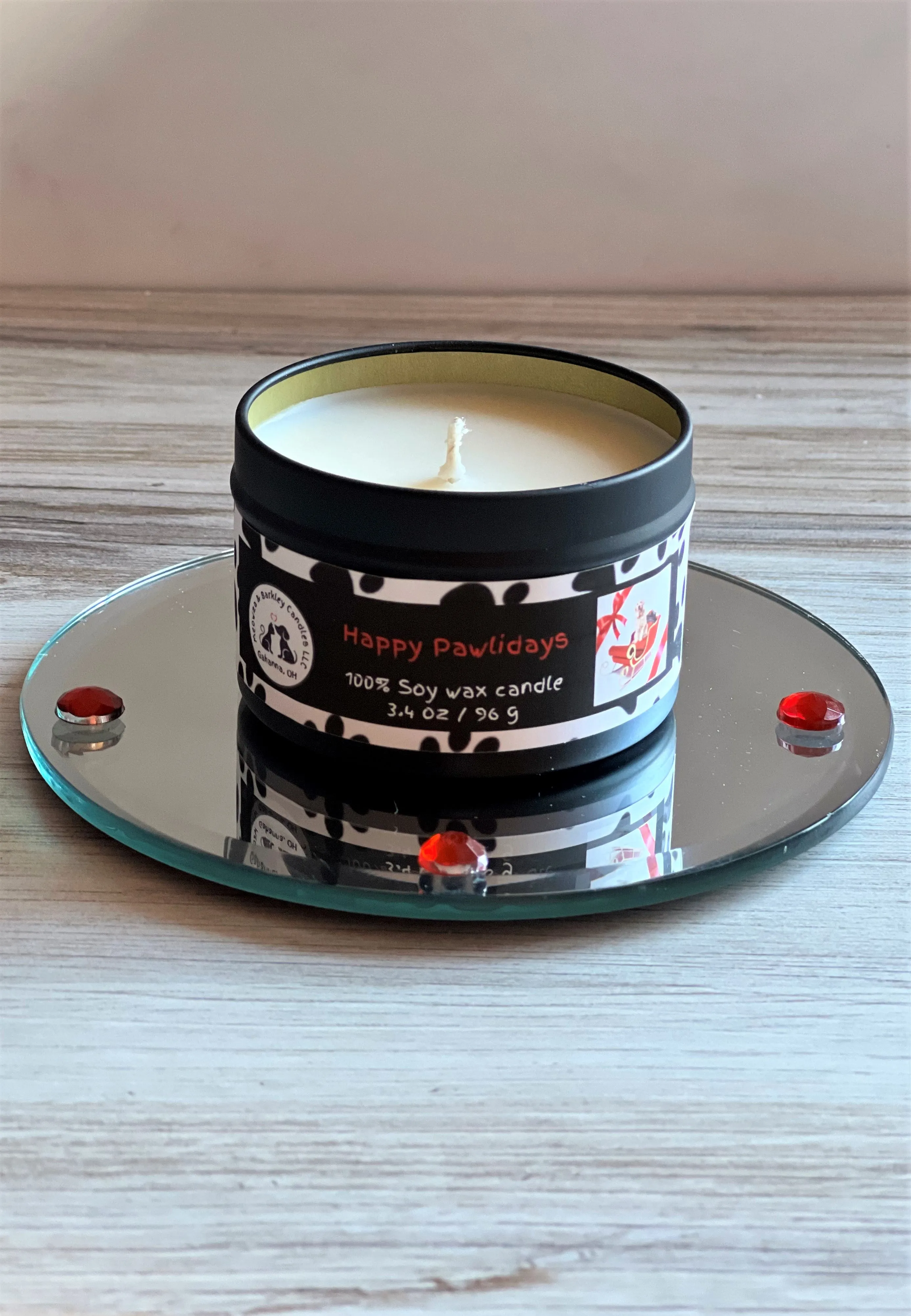 Happy Pawlidays - Small Tin Soy Candle - Bayberry, Pine, Clove & Lemon Rind Scent