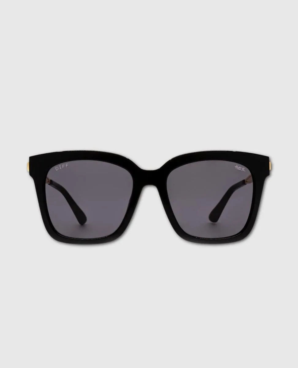 H.E.R. Bella Black With Gold Temples Grey Sunglasses