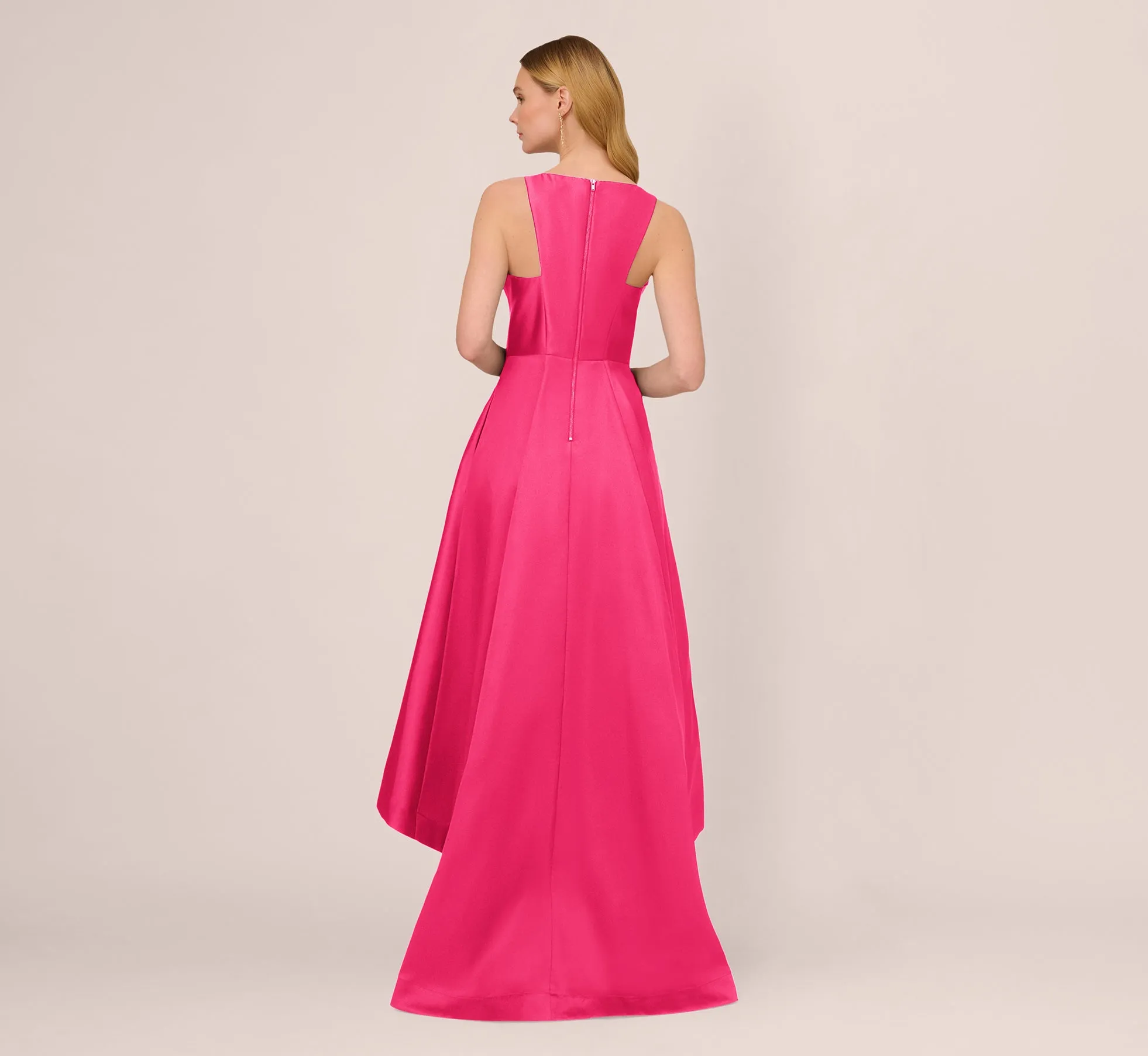 High Low Mikado Gown With Asymmetrical Detail In Electric Pink