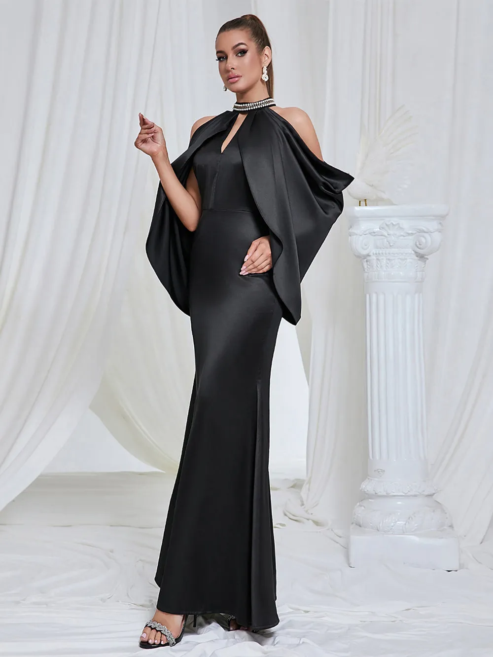 High Neck Off-The-Shoulder Maxi Bodycon Dress HB10197