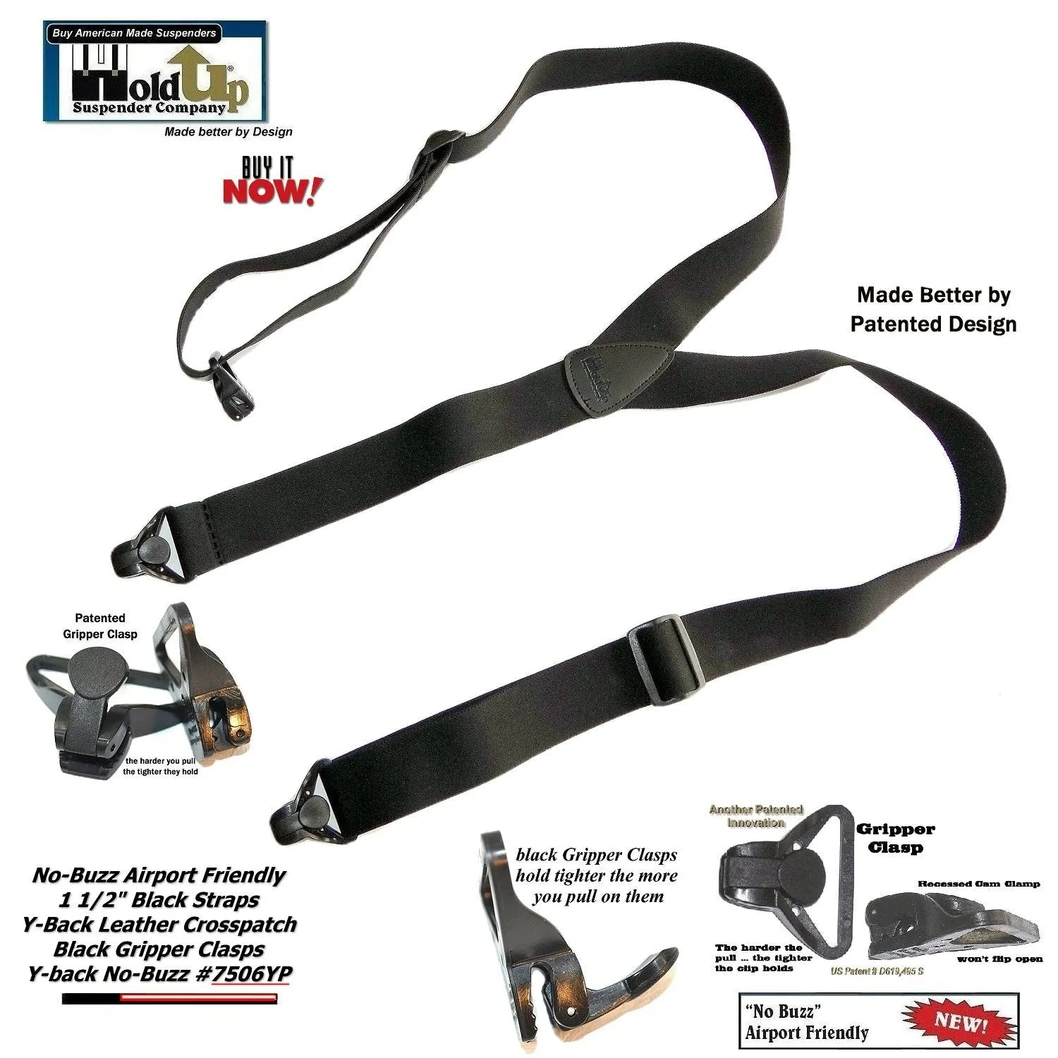 Holdup Brand No-buzz Black Y-back Airport Friendly Suspenders with USA Patented black Gripper Clasps