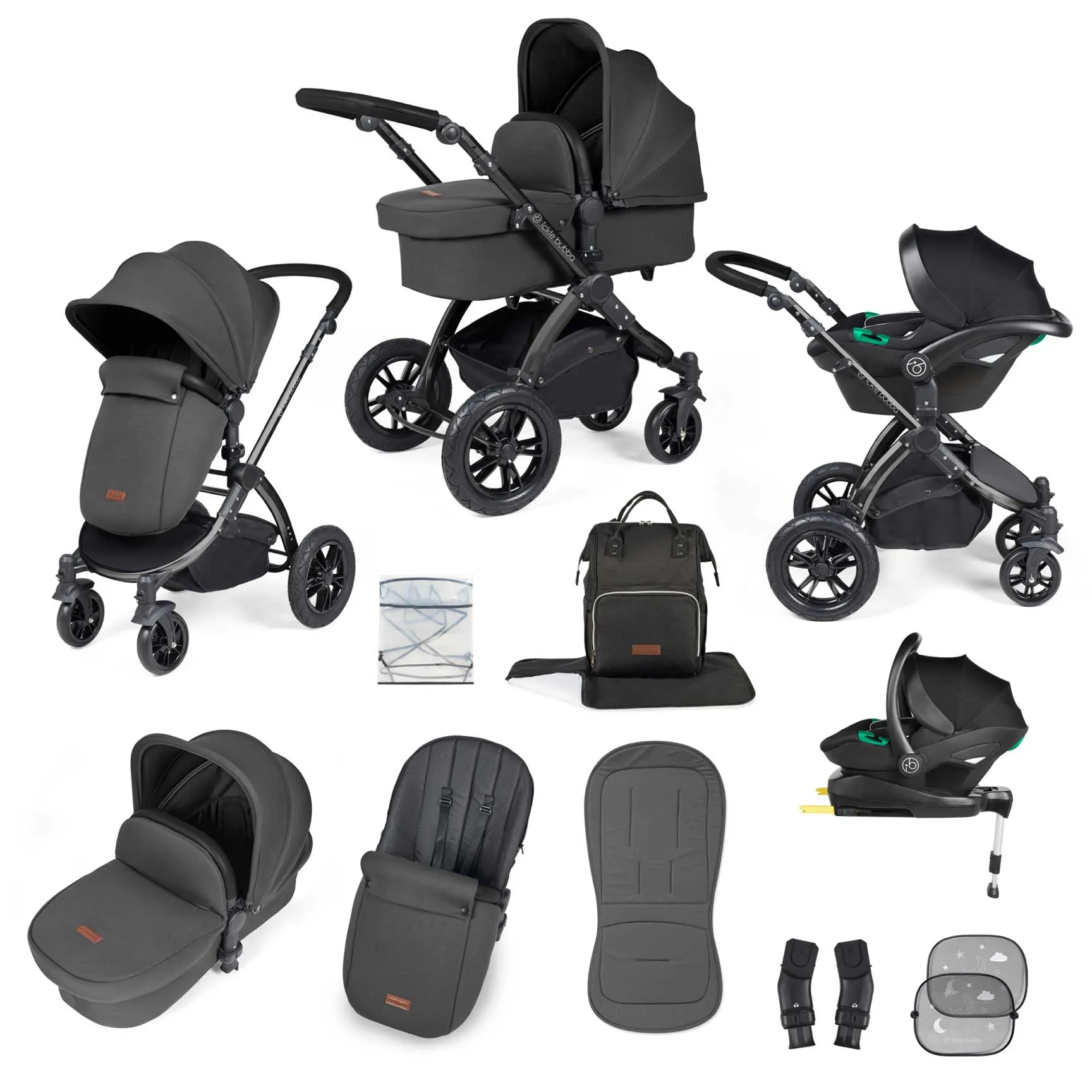 Ickle Bubba Stomp Luxe All-in-One Travel System with Isofix Base - Black/Charcoal Grey/Black