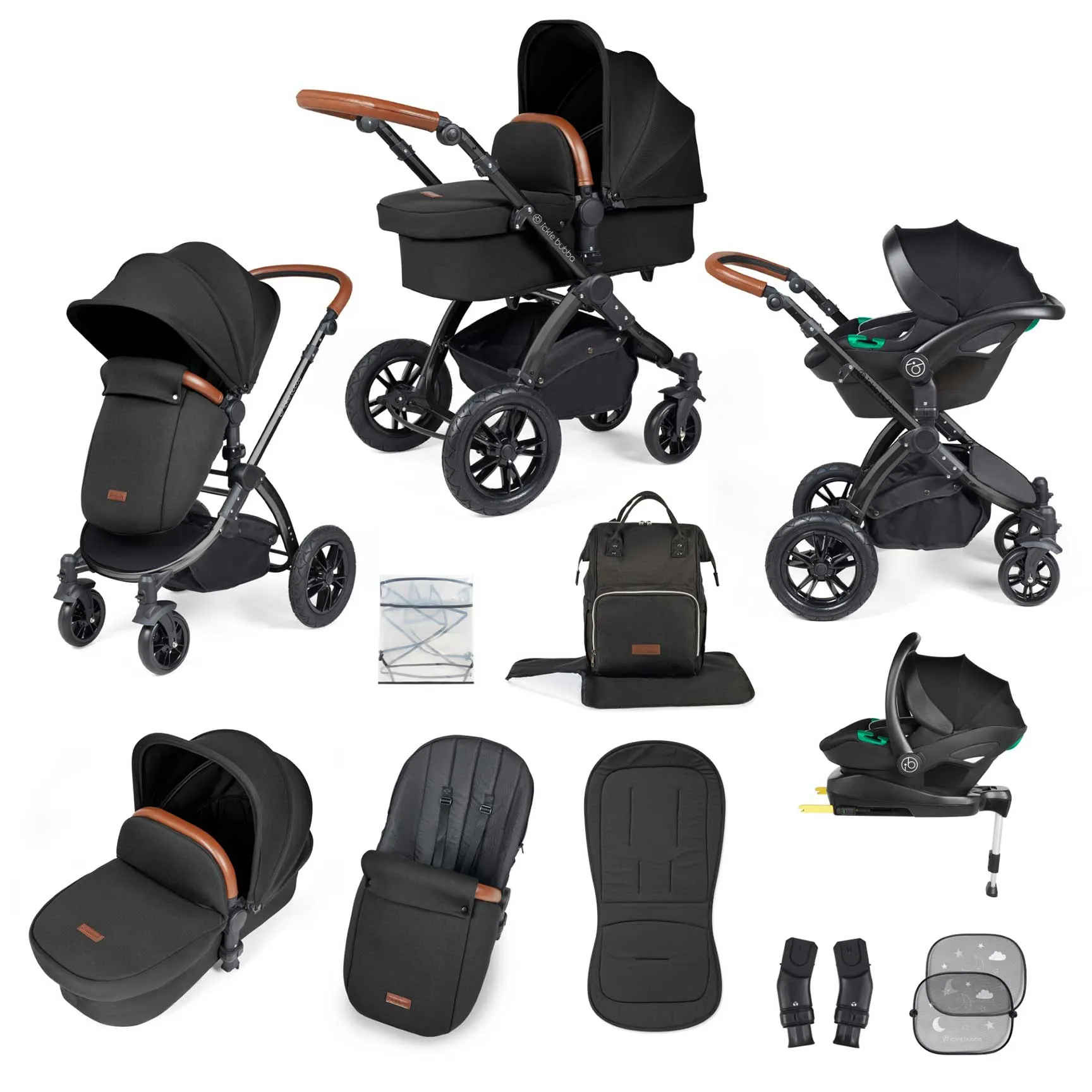 Ickle Bubba Stomp Luxe All-in-One Travel System with Isofix Base - Black/Midnight/Tan