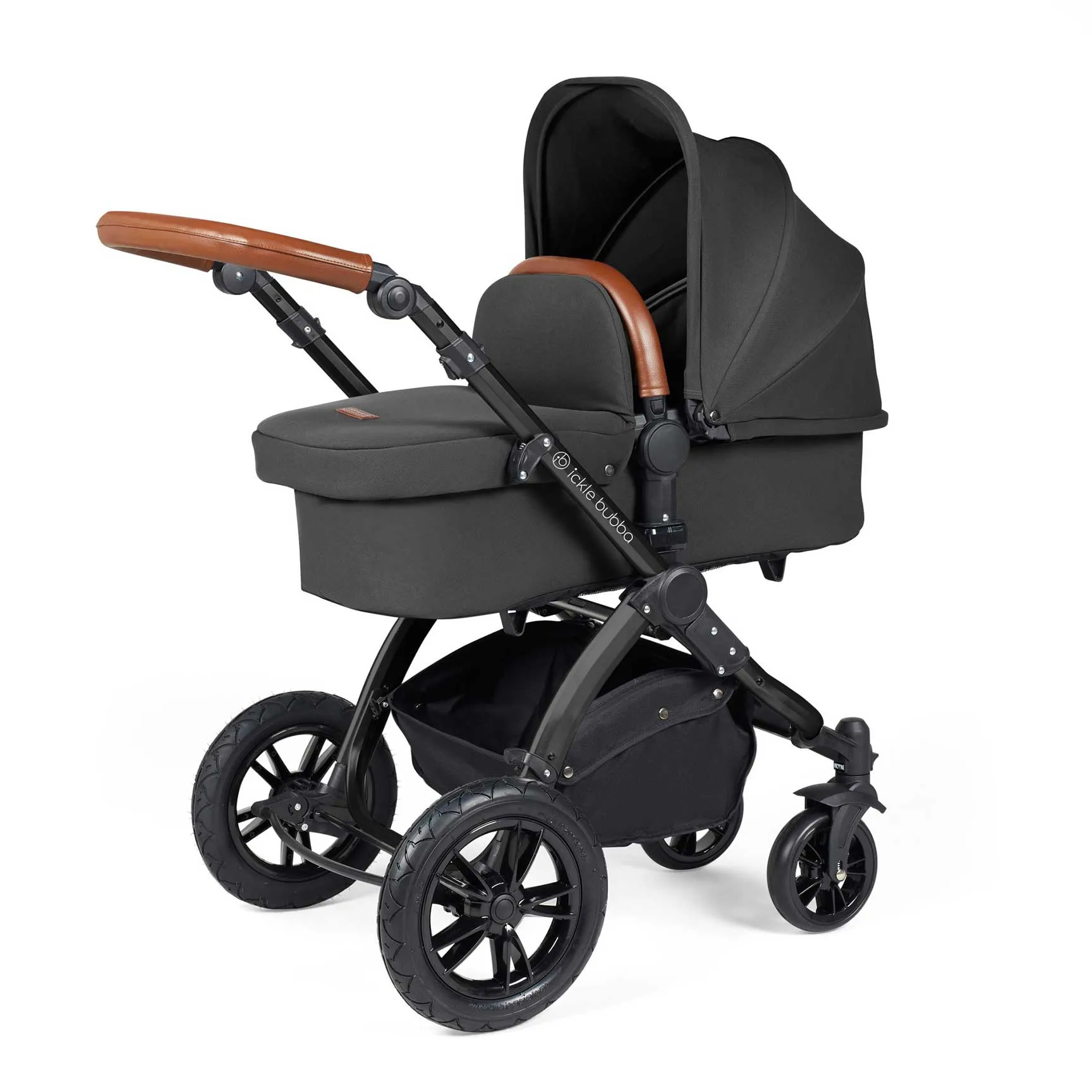 Ickle Bubba Stomp Luxe All-in-One Travel System with Isofix Base in Black/Charcoal Grey/Tan