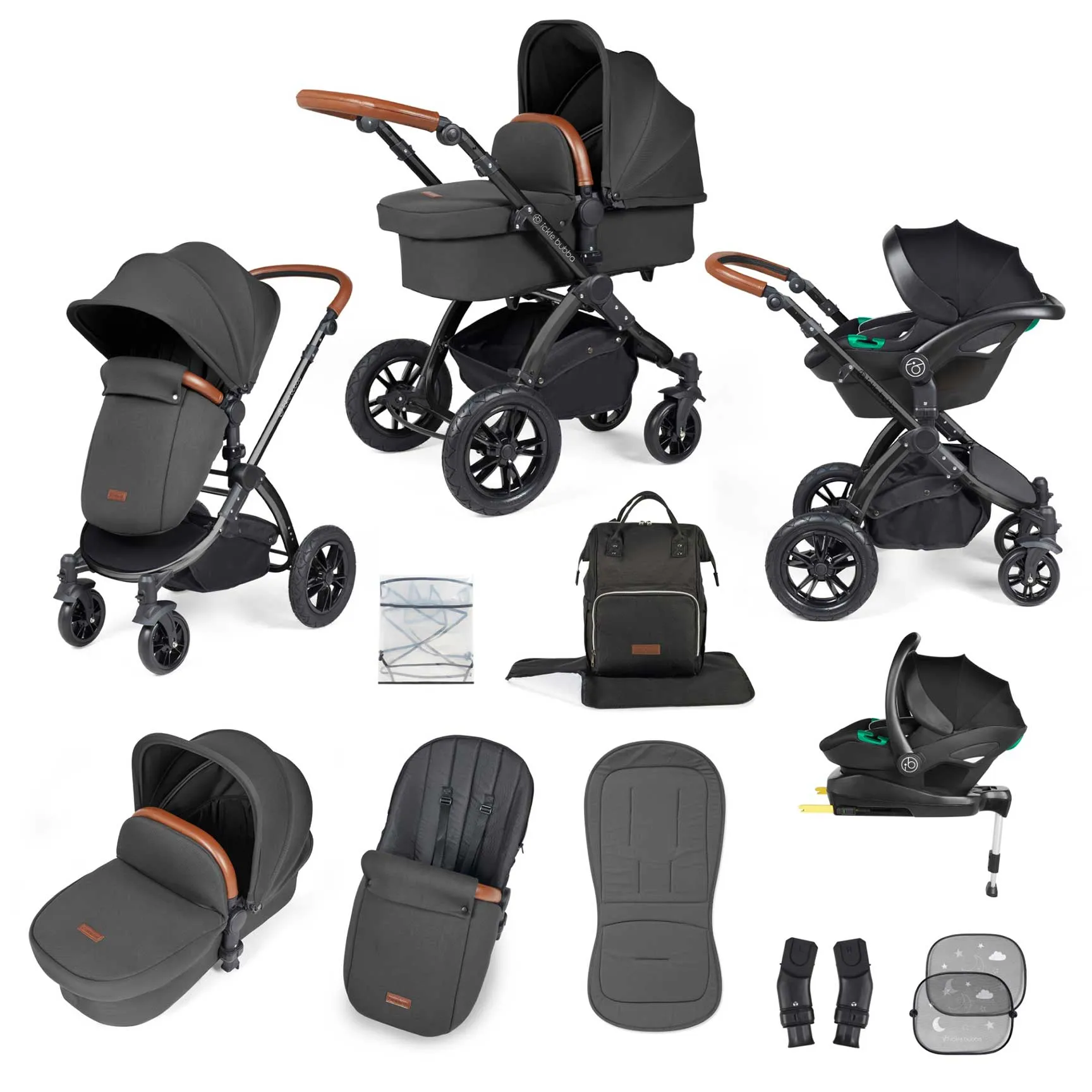 Ickle Bubba Stomp Luxe All-in-One Travel System with Isofix Base in Black/Charcoal Grey/Tan