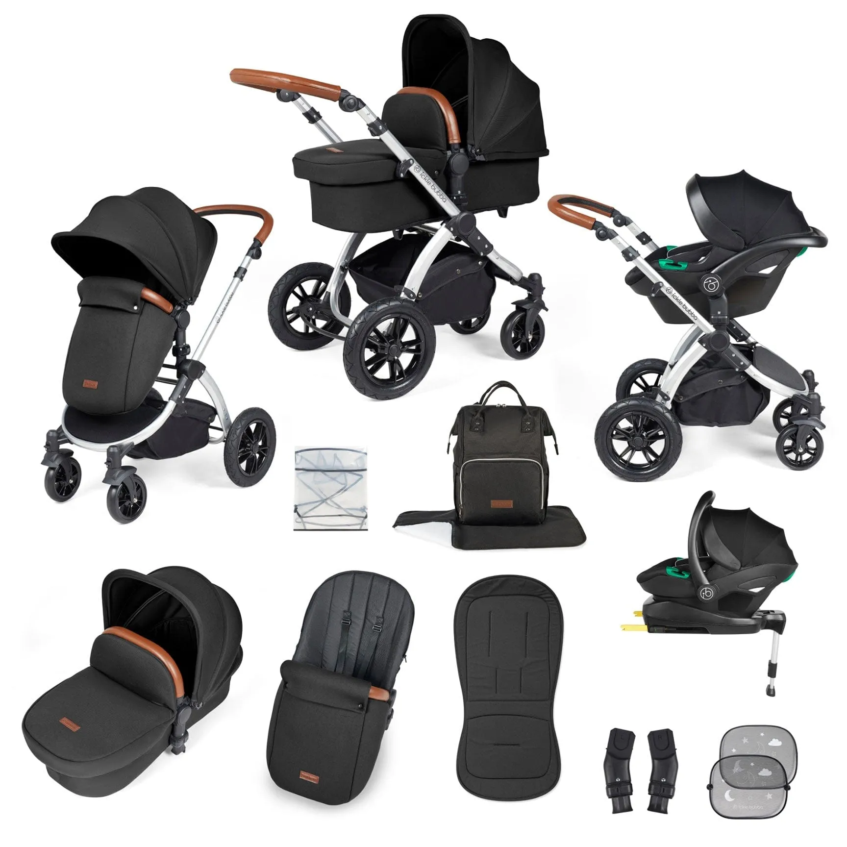 Ickle Bubba Stomp Luxe All-in-One Travel System with Isofix Base in Silver/Midnight/Tan