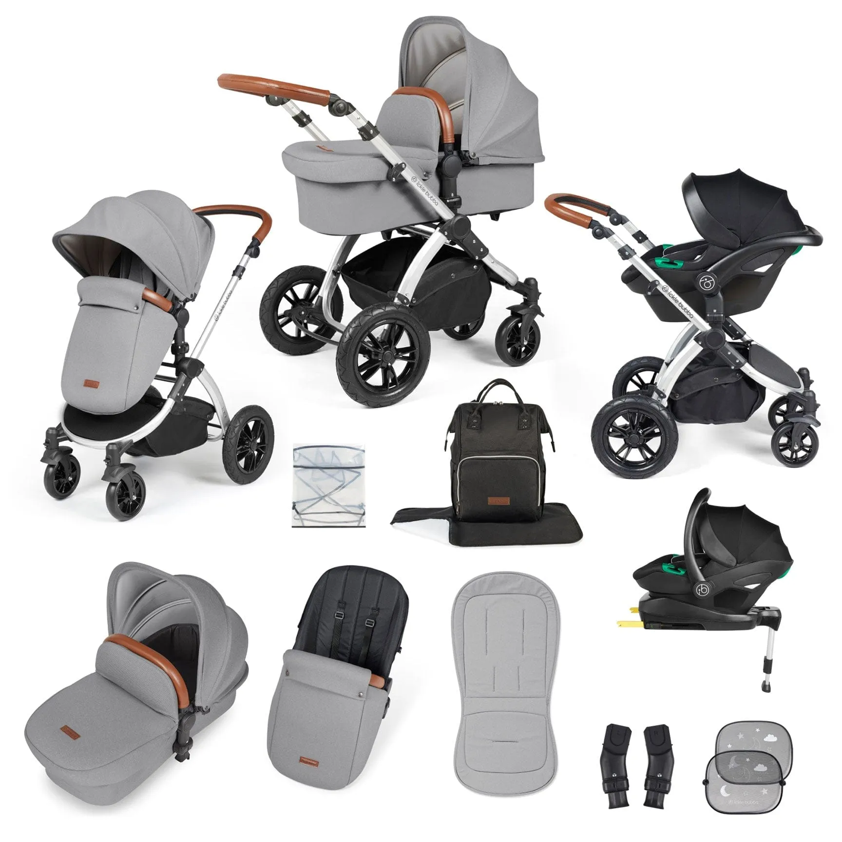 Ickle Bubba Stomp Luxe All-in-One Travel System with Isofix Base in Silver/Pearl Grey/Tan