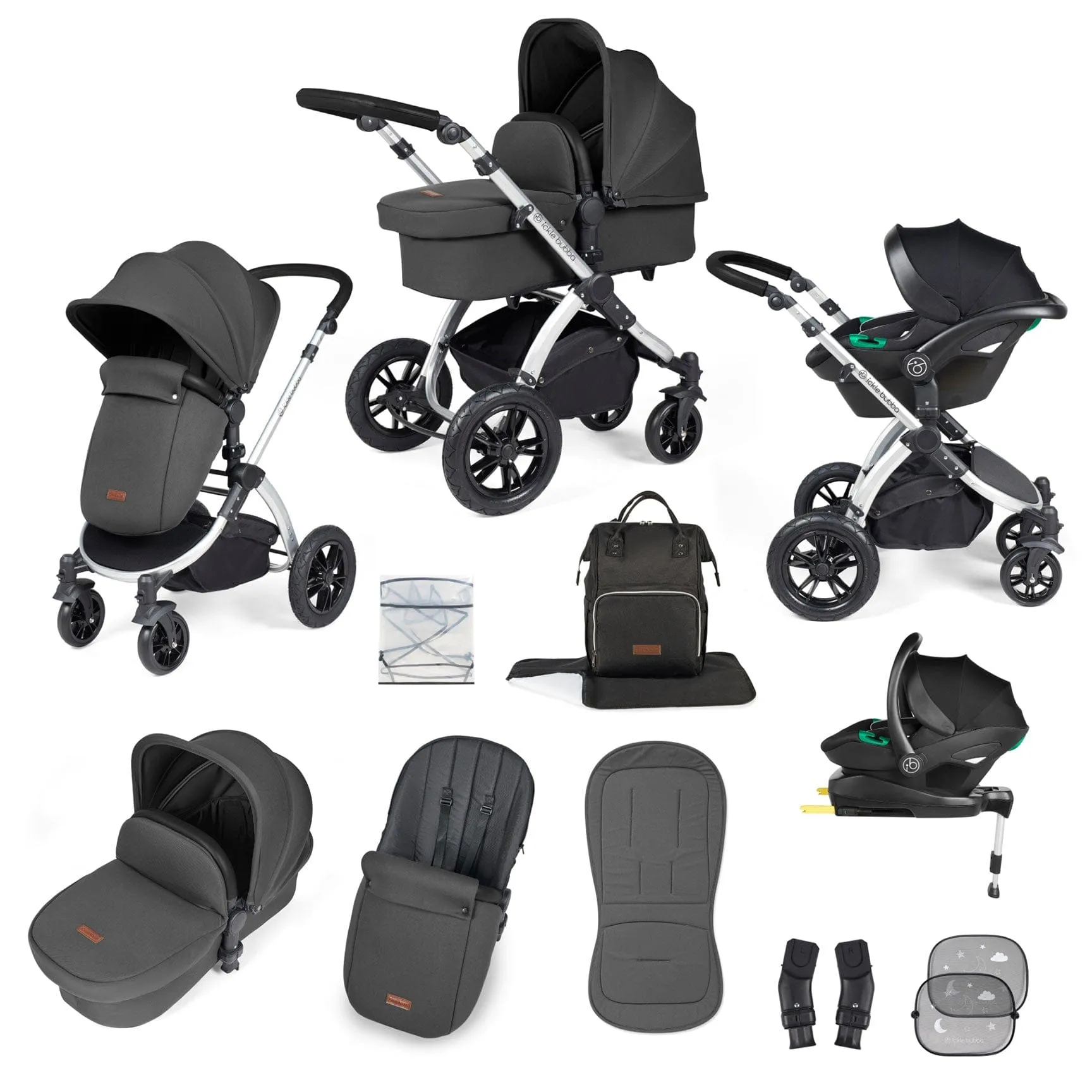 Ickle Bubba Stomp Luxe All-in-One Travel System with Isofix Base - Silver/Charcoal Grey/Black