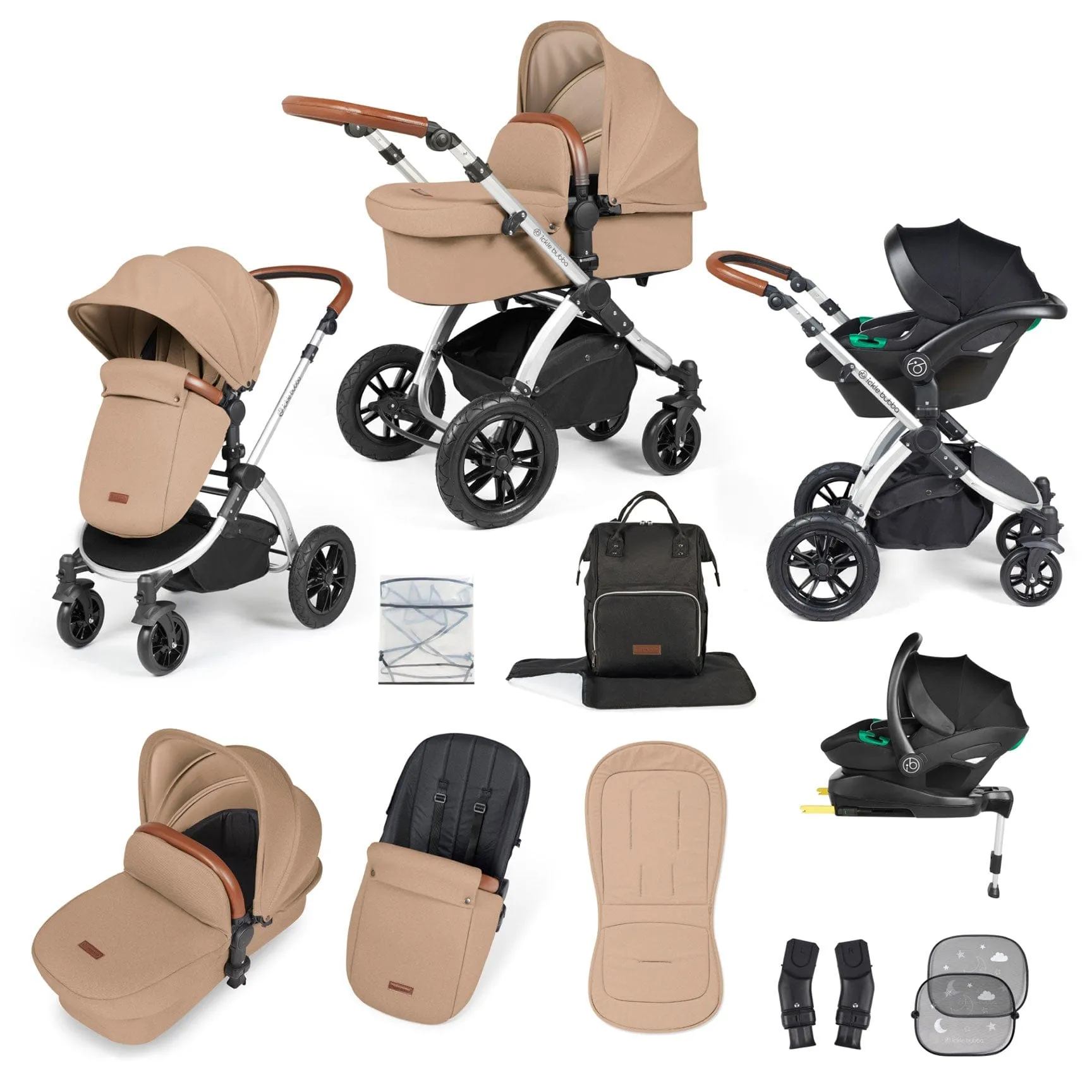 Ickle Bubba Stomp Luxe All-in-One Travel System with Isofix Base - Silver/Desert/Tan