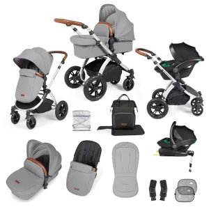 Ickle Bubba Stomp Luxe All-in-One Travel System with Isofix Base - Silver/Pearl Grey/Tan