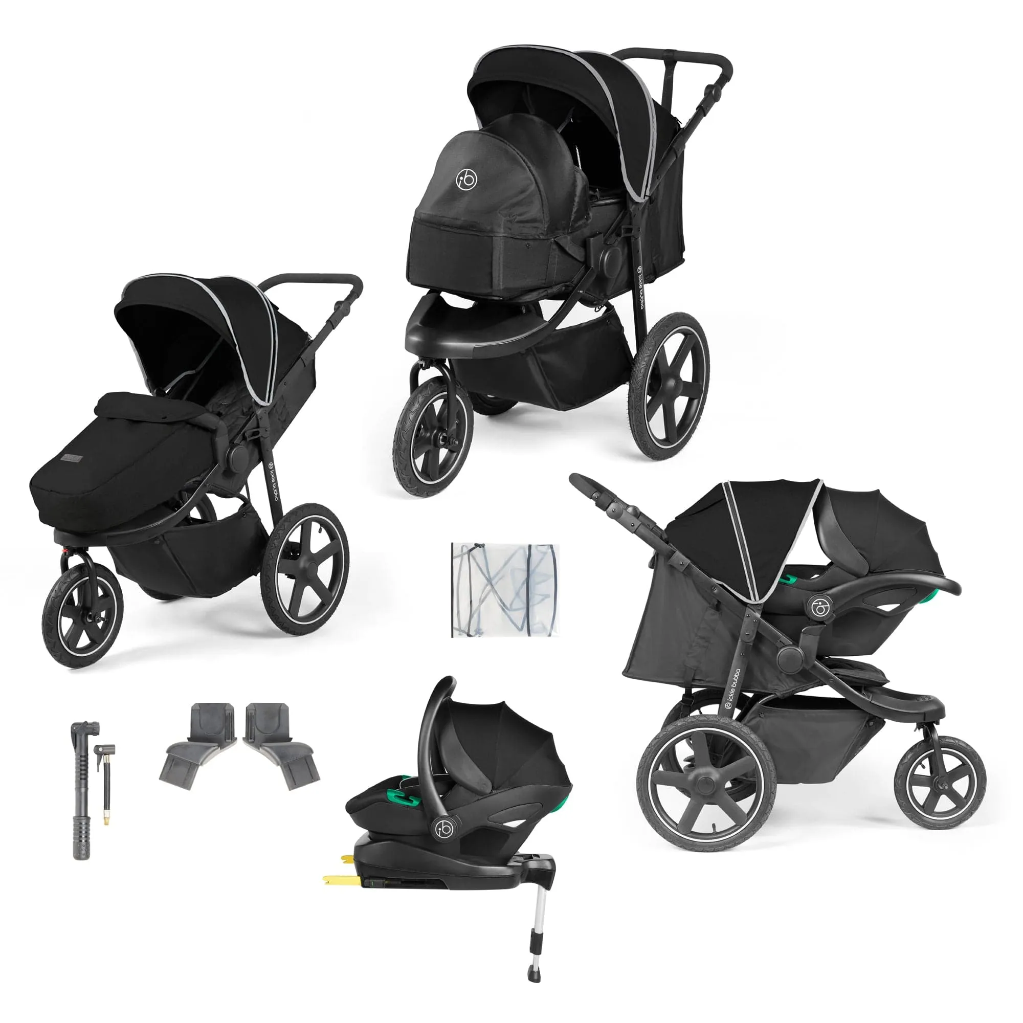 Ickle Bubba Venus Prime Jogger Stroller I-Size Travel System - Black/Black with Base