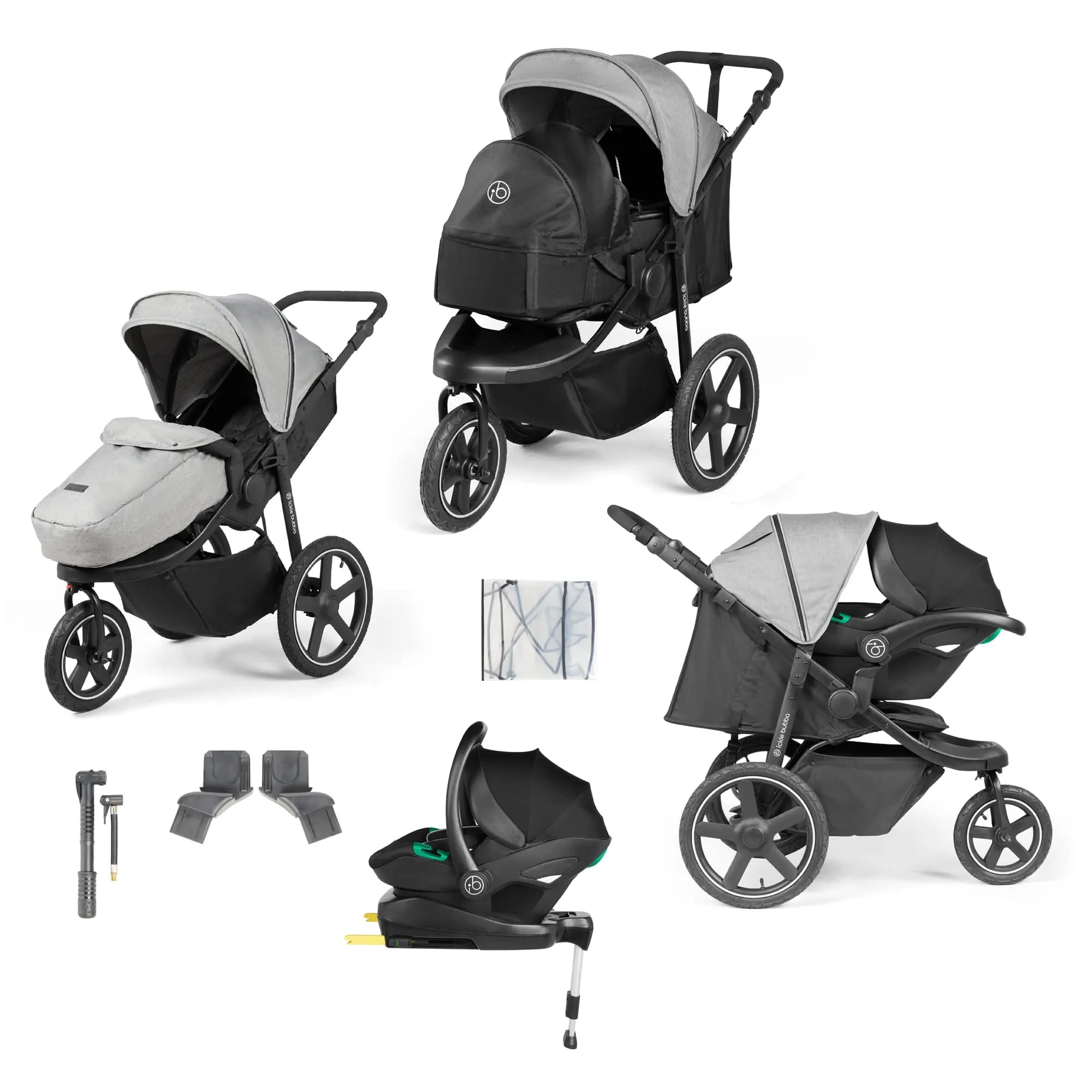 Ickle Bubba Venus Prime Jogger Stroller I-Size Travel System - Black/Space Grey with Base