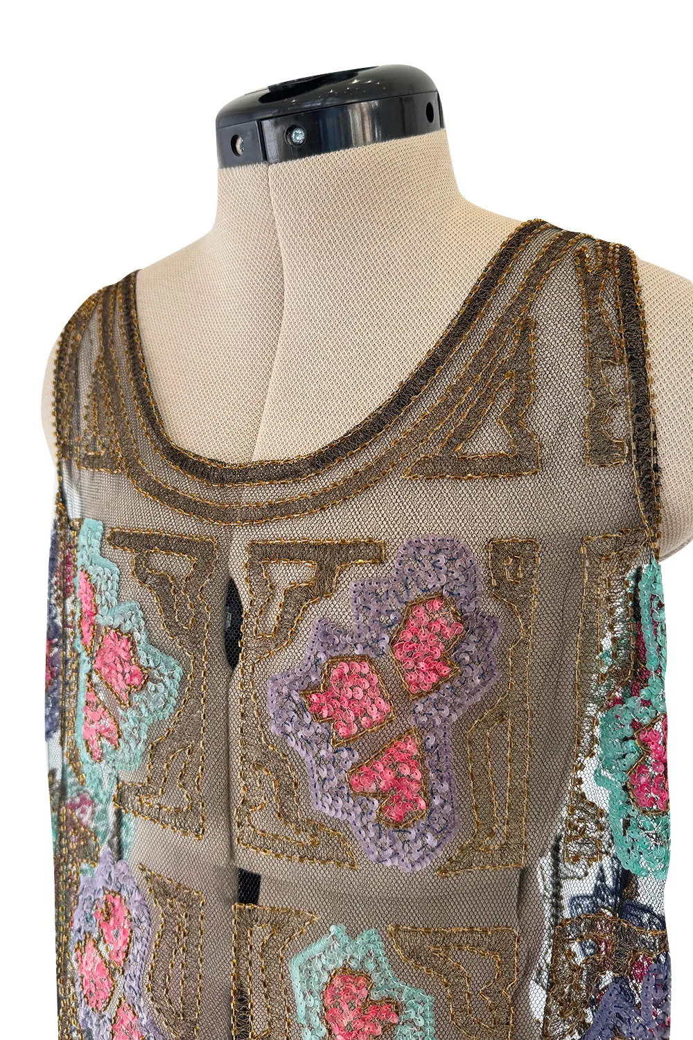 Intricate 1920s Unlabeled Gold Metallic Lame Thread & Sequin on Black Silk Net Flapper Dress