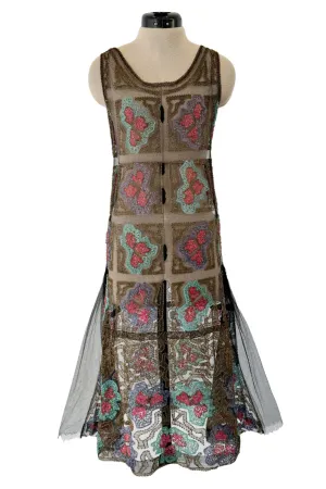Intricate 1920s Unlabeled Gold Metallic Lame Thread & Sequin on Black Silk Net Flapper Dress