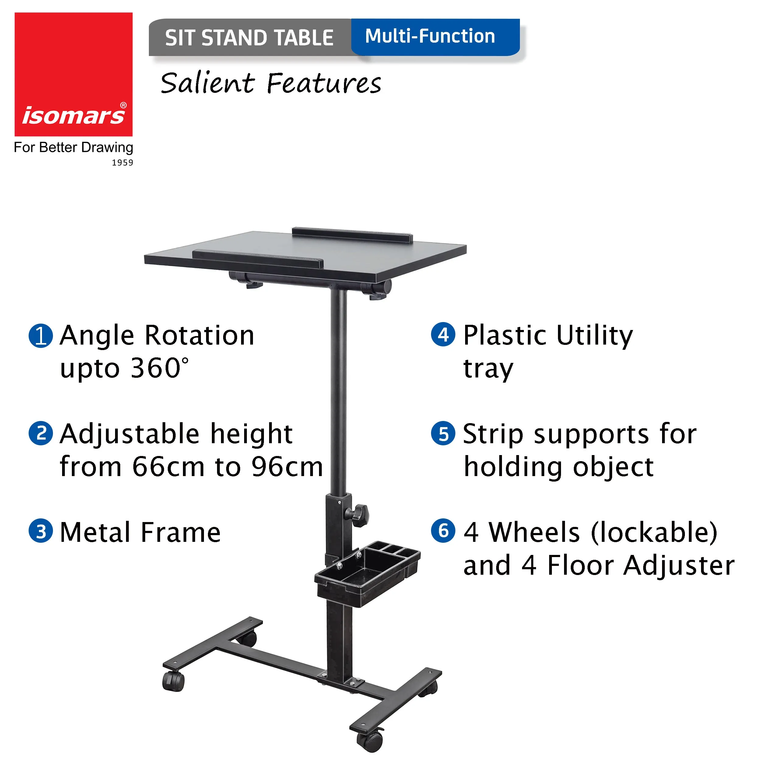 Isomars Multipurpose Laptop Table Study Desk, Lockable Wheels, & Adjustable Height And Angle For Breakfast Table, Wfh & Online Classes (Black)