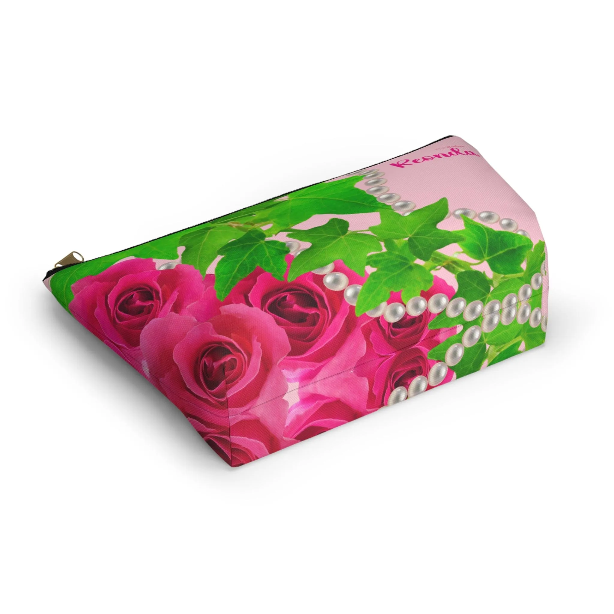 Ivy and Pearls Pink and Green Accessory Pouch w T-bottom