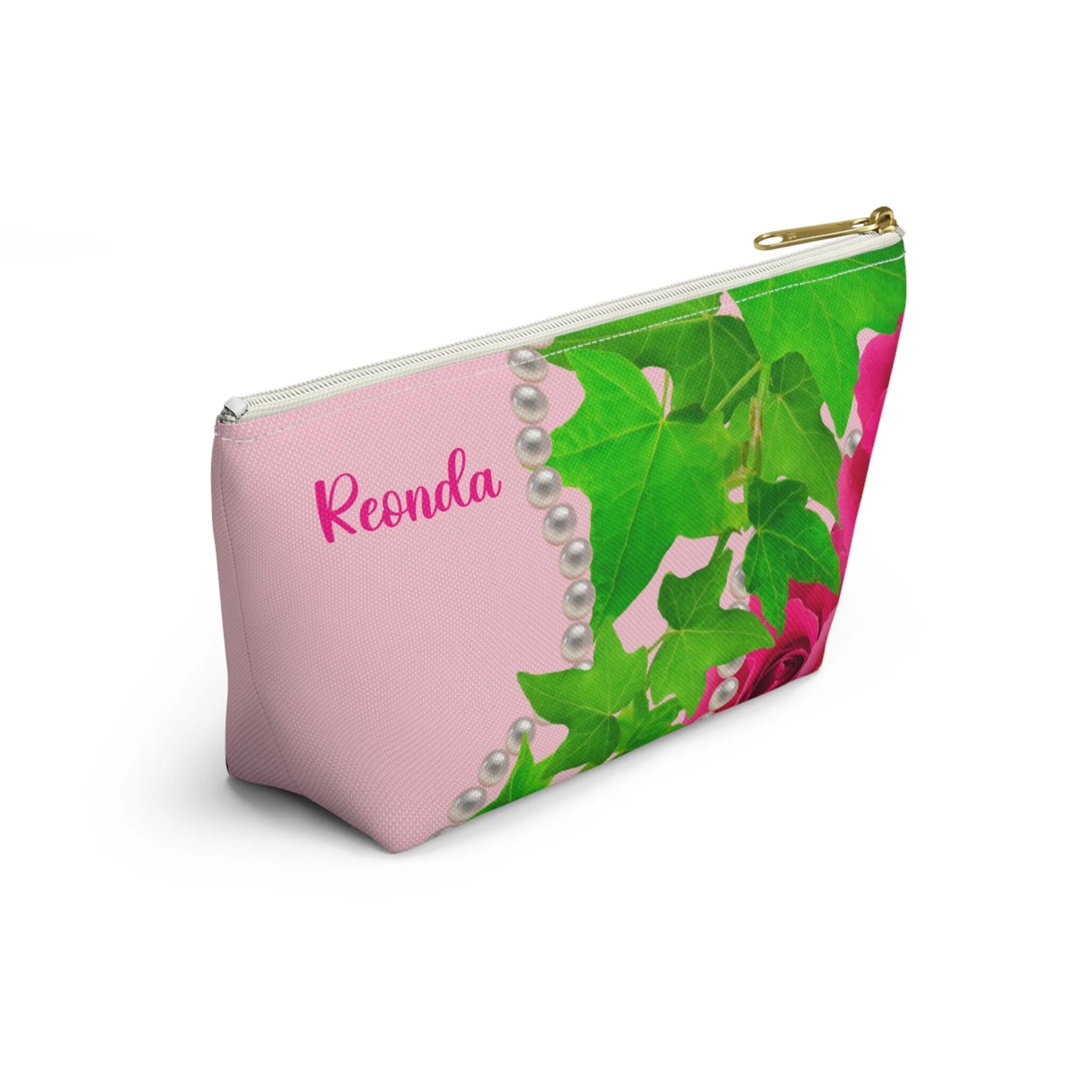 Ivy and Pearls Pink and Green Accessory Pouch w T-bottom
