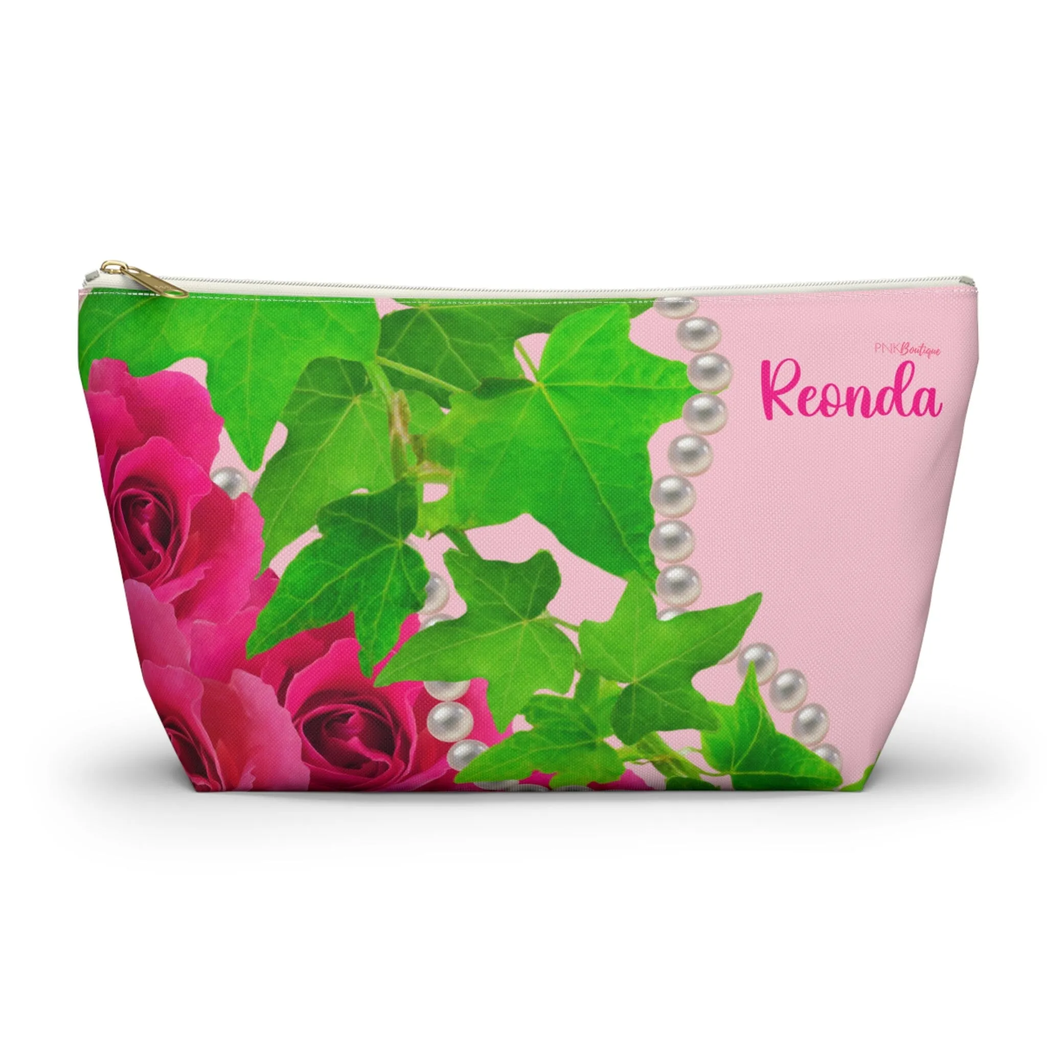 Ivy and Pearls Pink and Green Accessory Pouch w T-bottom