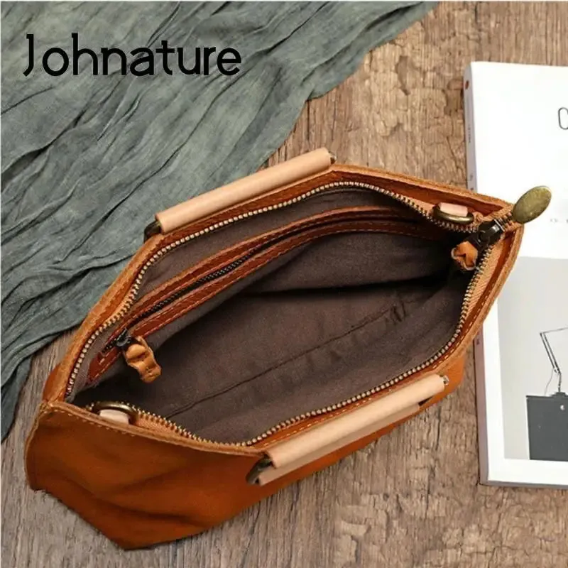 Johnature Handmade Natural Cow Leather Women Bag 2025 New Simple Retro Handbag Large Capacity Solid Color Shoulder Bags