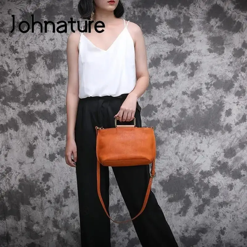 Johnature Handmade Natural Cow Leather Women Bag 2025 New Simple Retro Handbag Large Capacity Solid Color Shoulder Bags