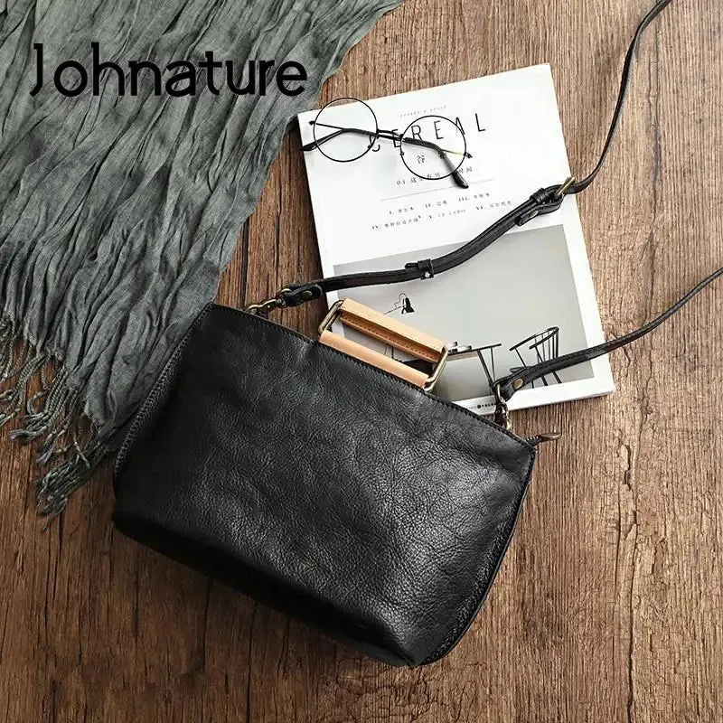 Johnature Handmade Natural Cow Leather Women Bag 2025 New Simple Retro Handbag Large Capacity Solid Color Shoulder Bags