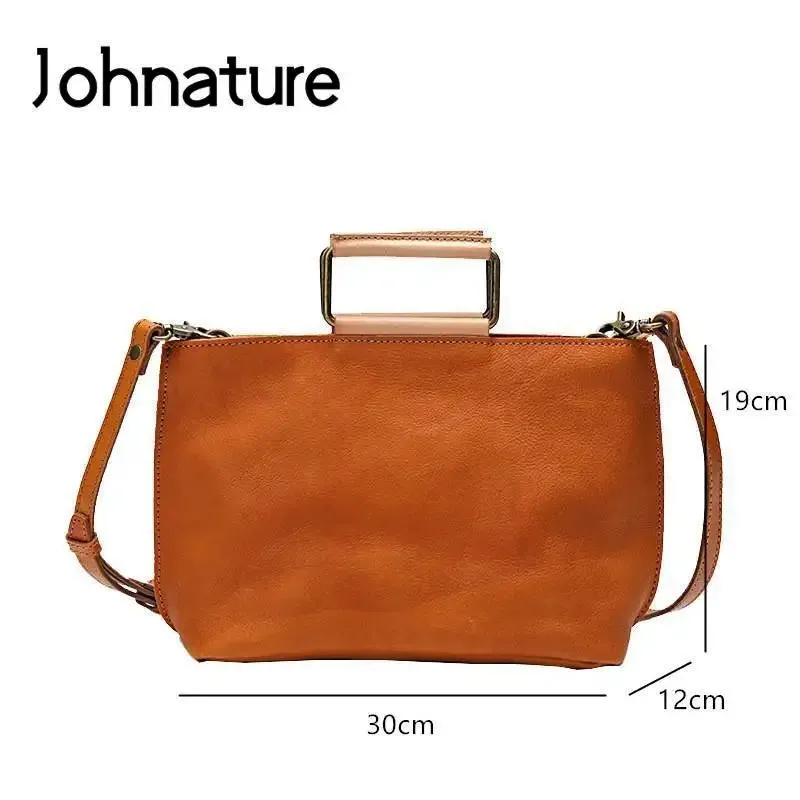 Johnature Handmade Natural Cow Leather Women Bag 2025 New Simple Retro Handbag Large Capacity Solid Color Shoulder Bags