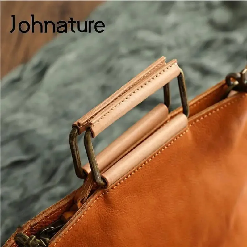 Johnature Handmade Natural Cow Leather Women Bag 2025 New Simple Retro Handbag Large Capacity Solid Color Shoulder Bags