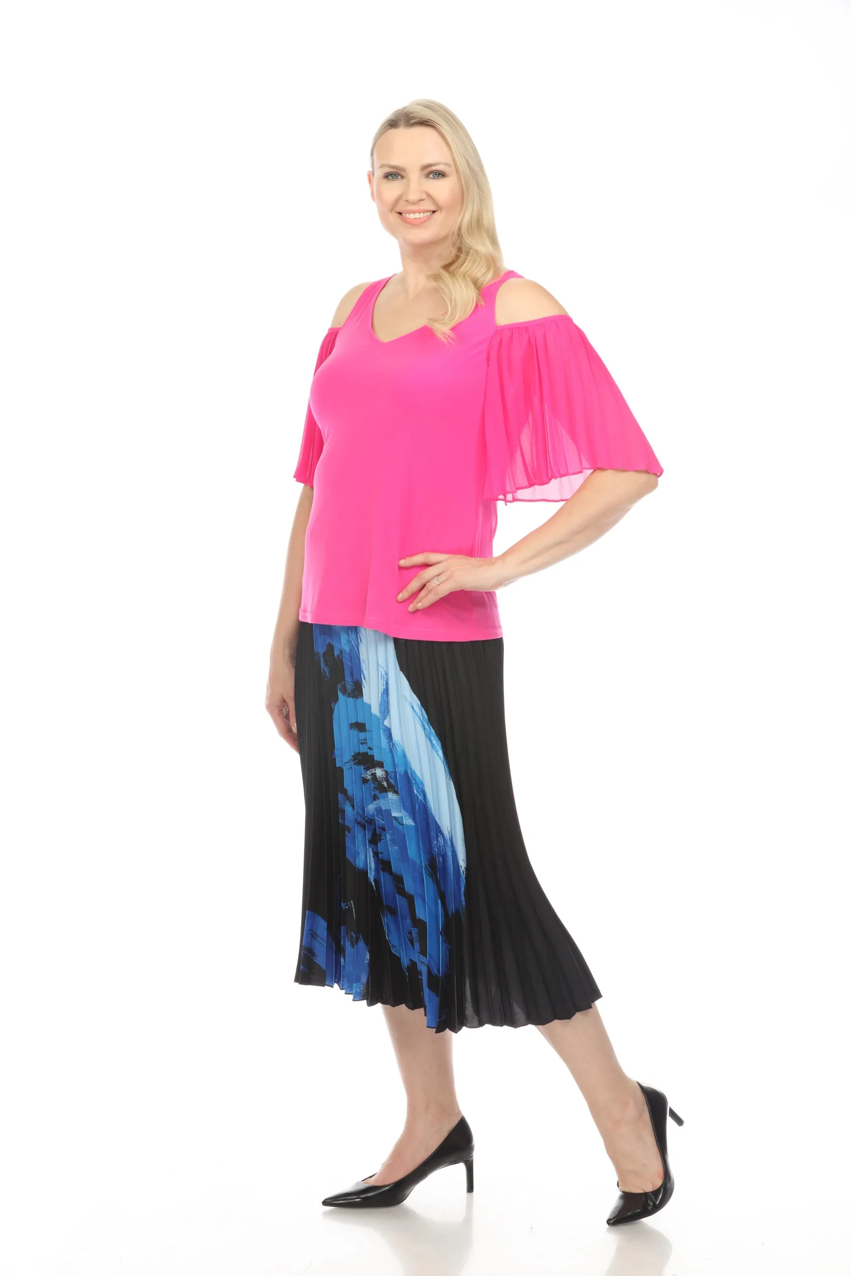Joseph Ribkoff Ultra Pink Pleated Chiffon Cold Shoulder Sleeve Top 241037