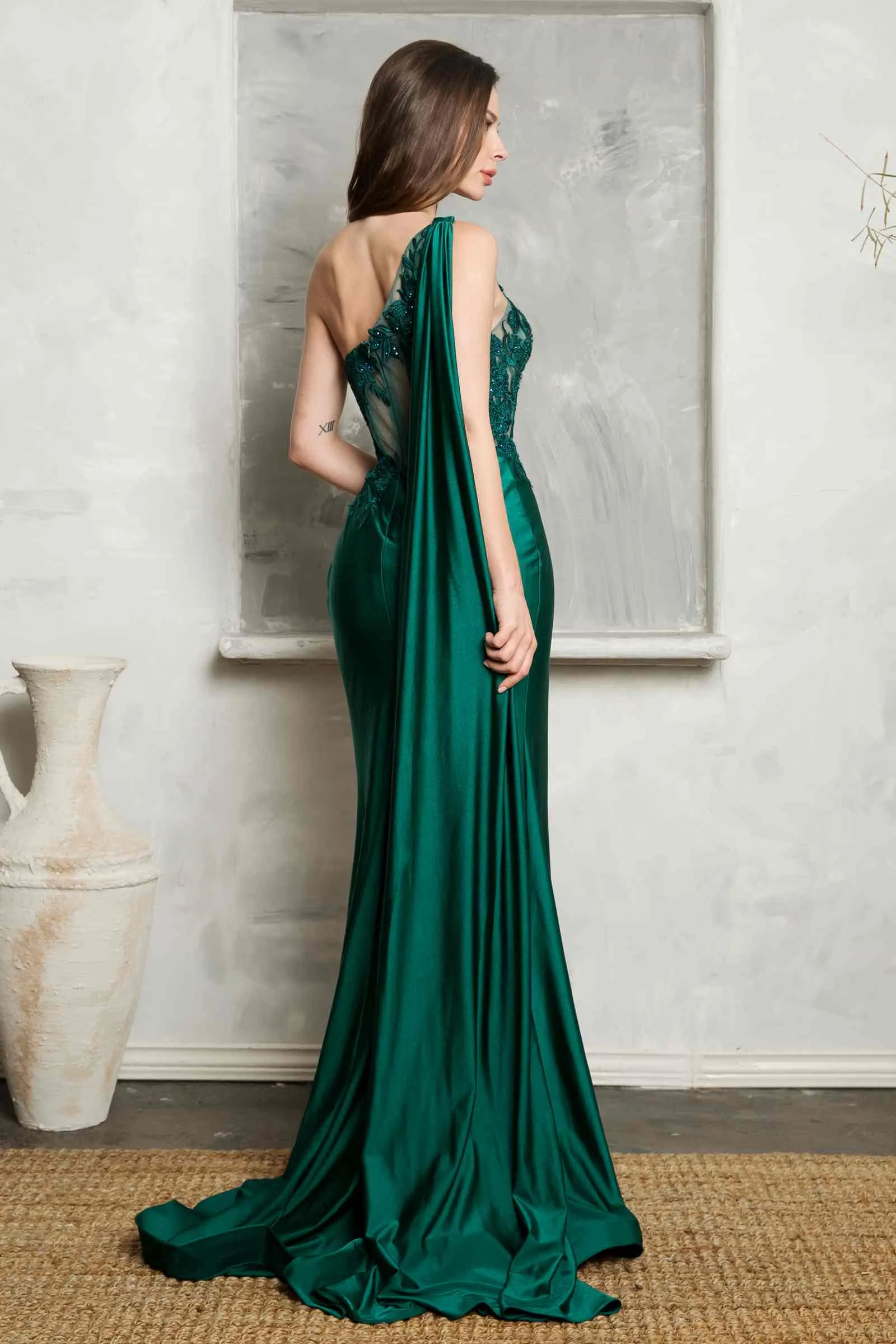 Juno M1037 Dress One Shoulder Embellished Dress with Removable Sash