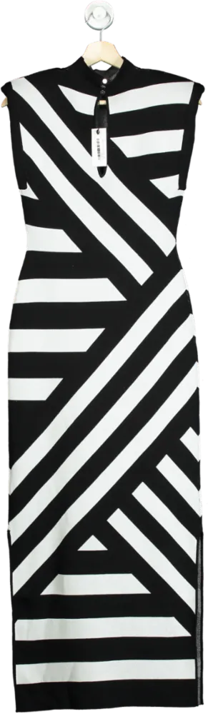 Karen Millen Black and White Stripe Power Shoulder Knit Midi Dress UK S