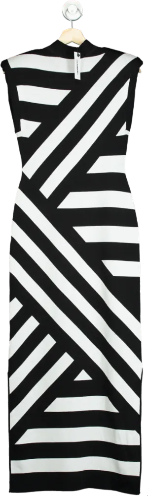 Karen Millen Black and White Stripe Power Shoulder Knit Midi Dress UK S