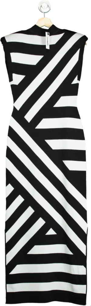 Karen Millen Black and White Stripe Power Shoulder Knit Midi Dress UK S