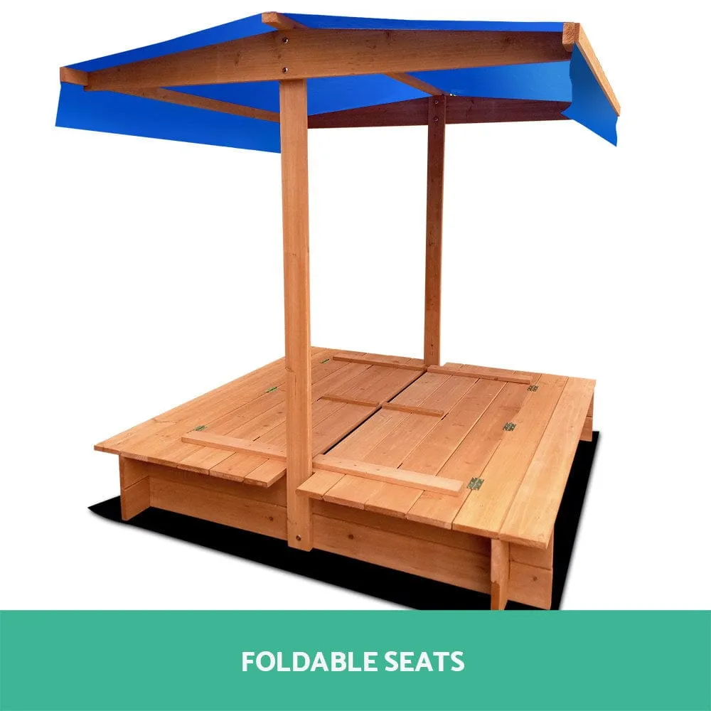 Keezi Kids Sandpit Wooden Sandbox Sand Pit with Canopy Foldable Seat Toys 120cm - ONLINE ONLY