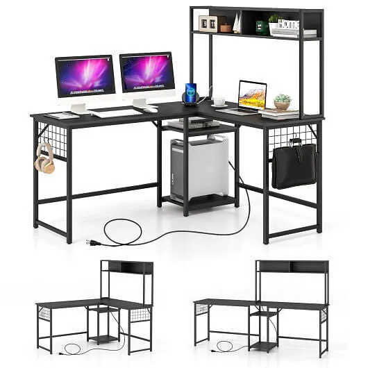 L-shaped Desk with Power Outlet Hutch-Rustic Brown