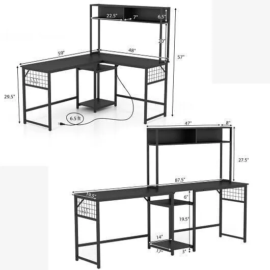 L-shaped Desk with Power Outlet Hutch-Rustic Brown