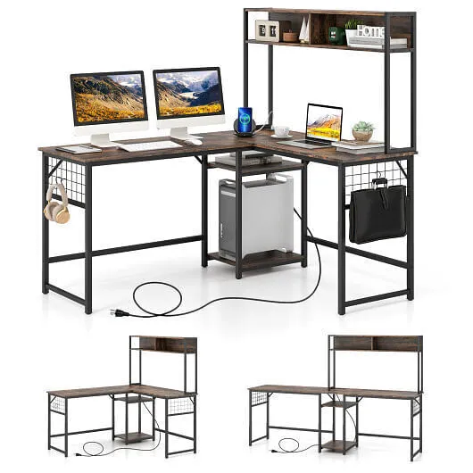 L-shaped Desk with Power Outlet Hutch-Rustic Brown