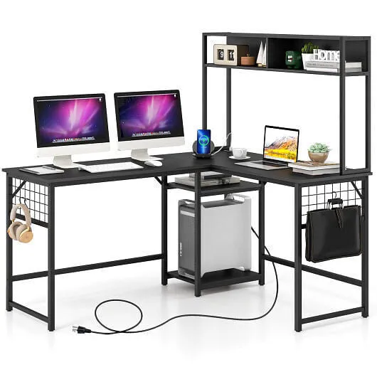 L-shaped Desk with Power Outlet Hutch-Rustic Brown