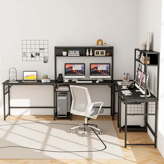 L-shaped Desk with Power Outlet Hutch-Rustic Brown