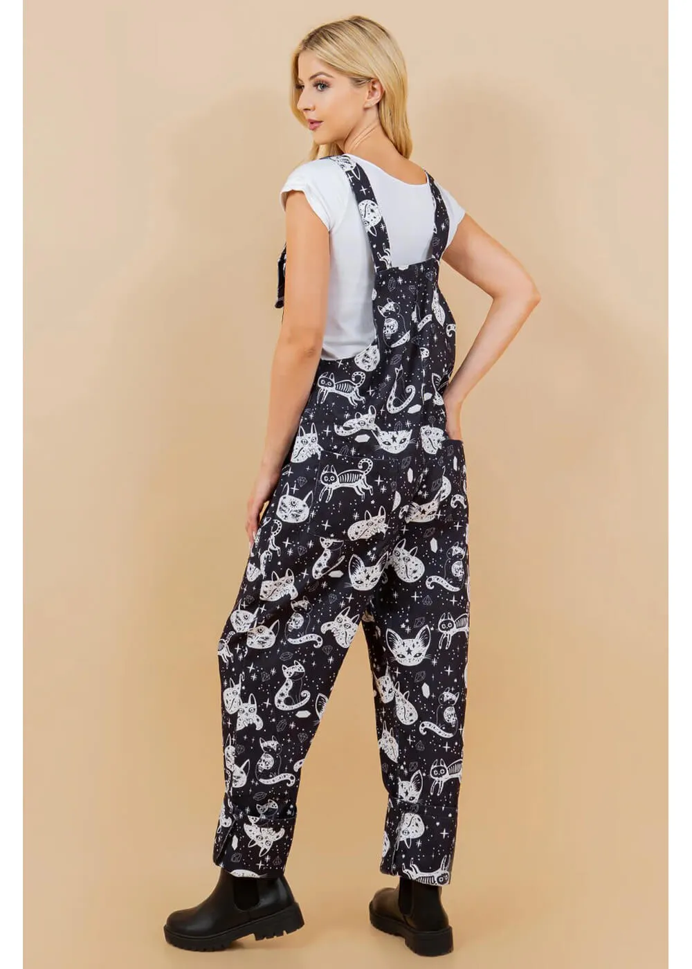 LA Soul Ayla Celestial Cats Dungarees Black