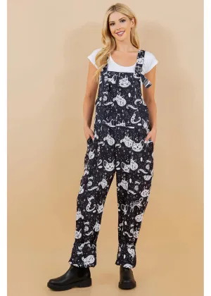LA Soul Ayla Celestial Cats Dungarees Black