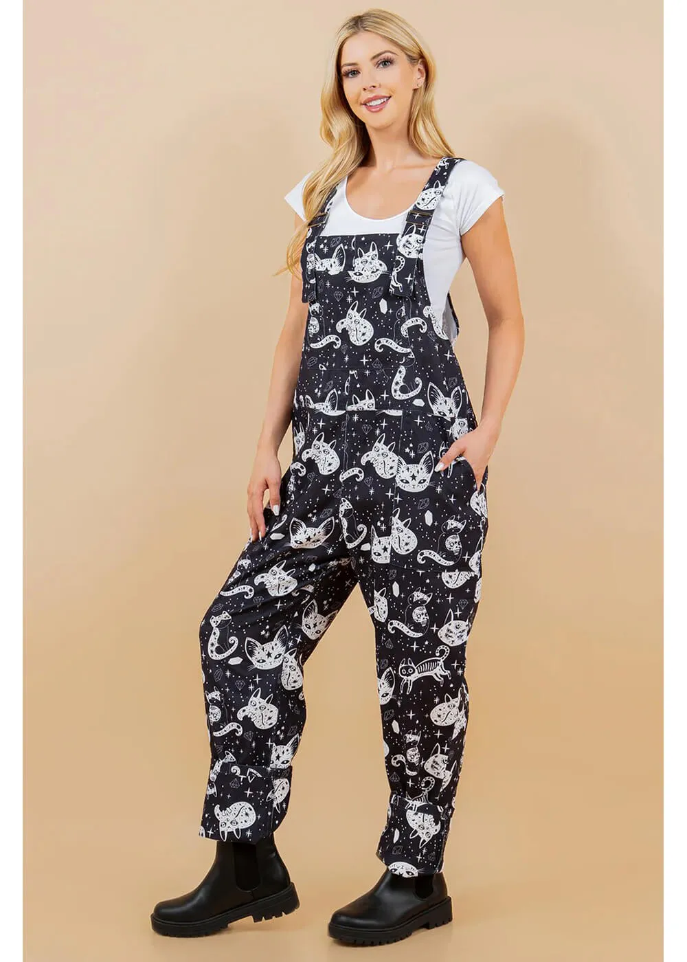 LA Soul Ayla Celestial Cats Dungarees Black