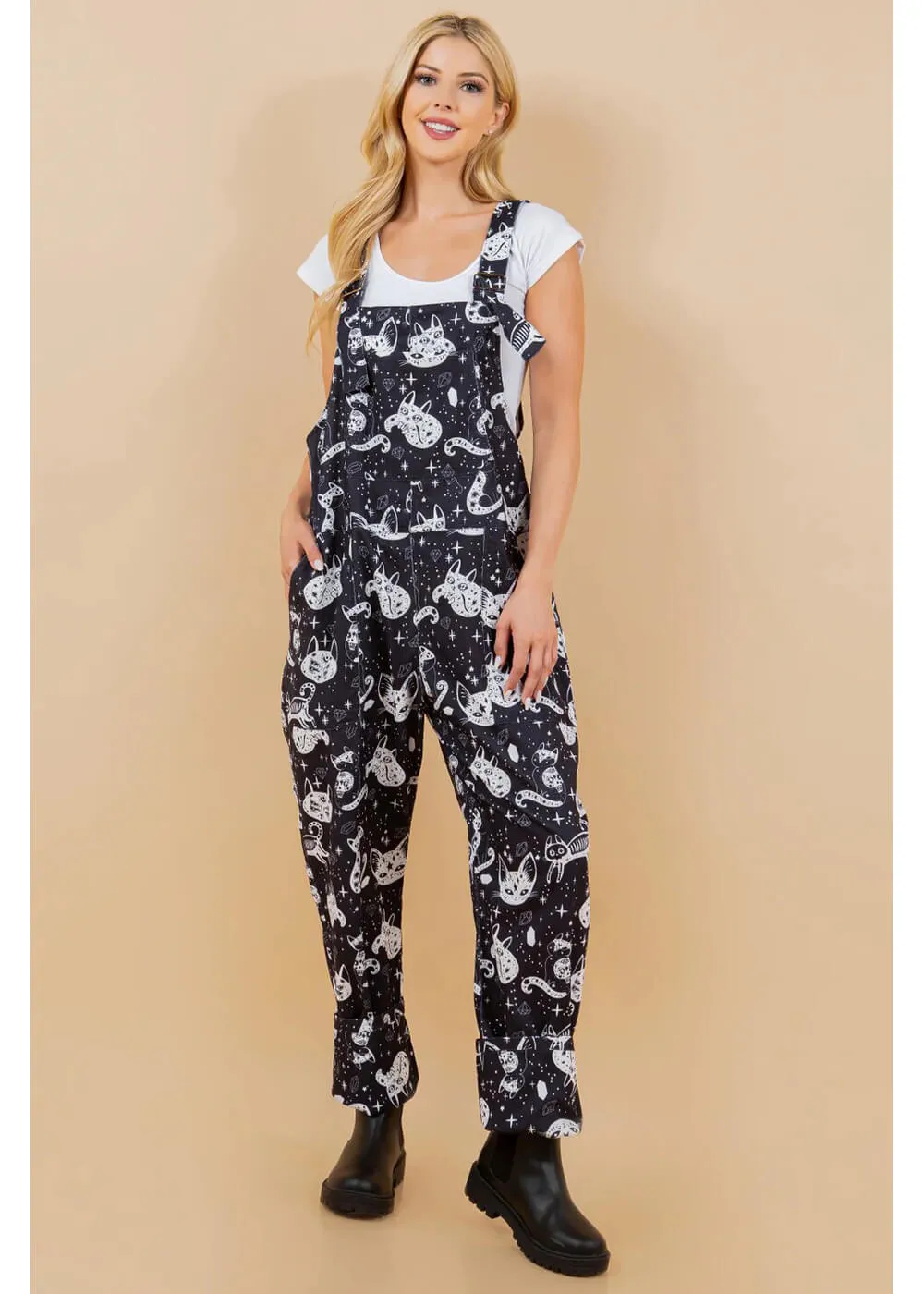 LA Soul Ayla Celestial Cats Dungarees Black