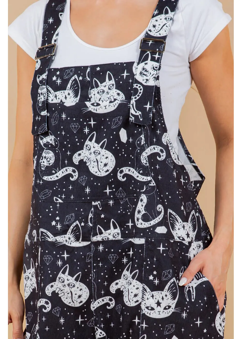 LA Soul Ayla Celestial Cats Dungarees Black