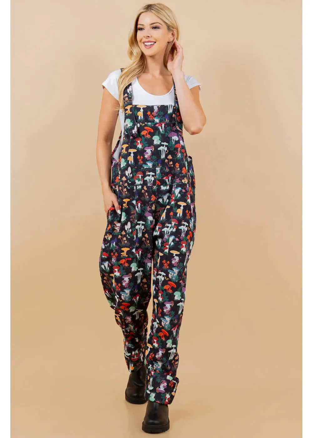 LA Soul Ayla Mushroom Garden Dungarees Black