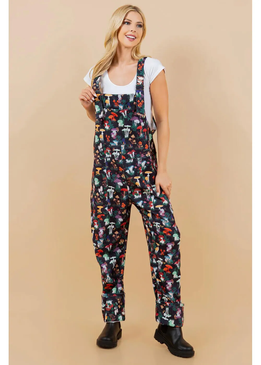 LA Soul Ayla Mushroom Garden Dungarees Black