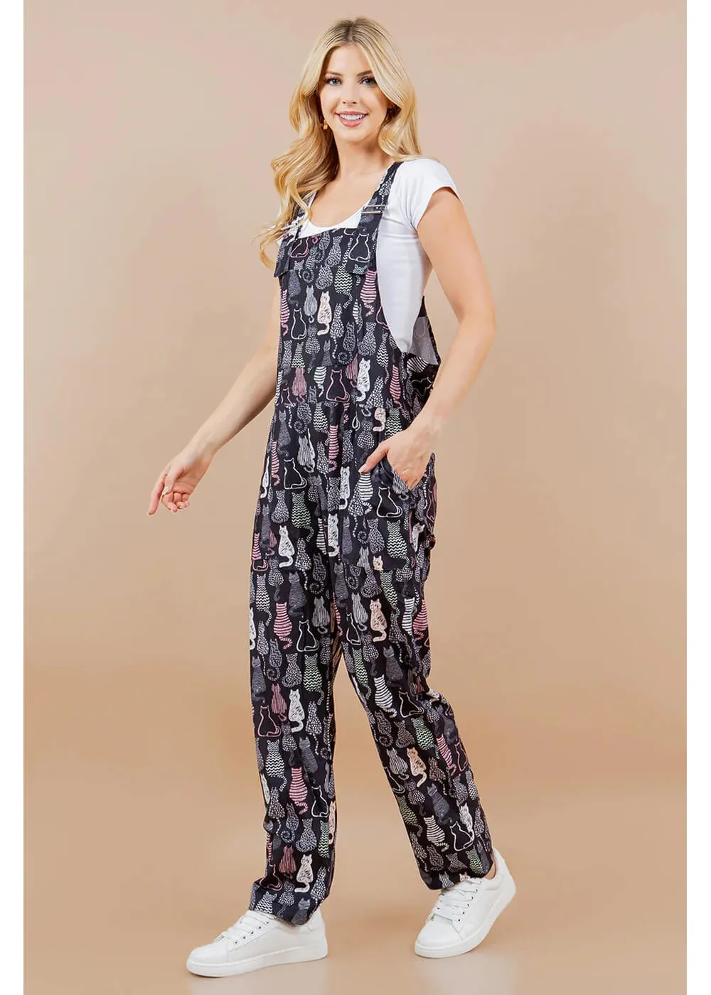 LA Soul Ayla Retro Cats Dungarees Black