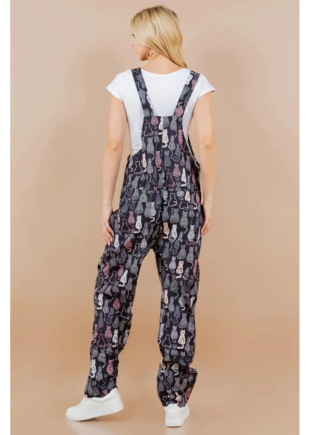 LA Soul Ayla Retro Cats Dungarees Black