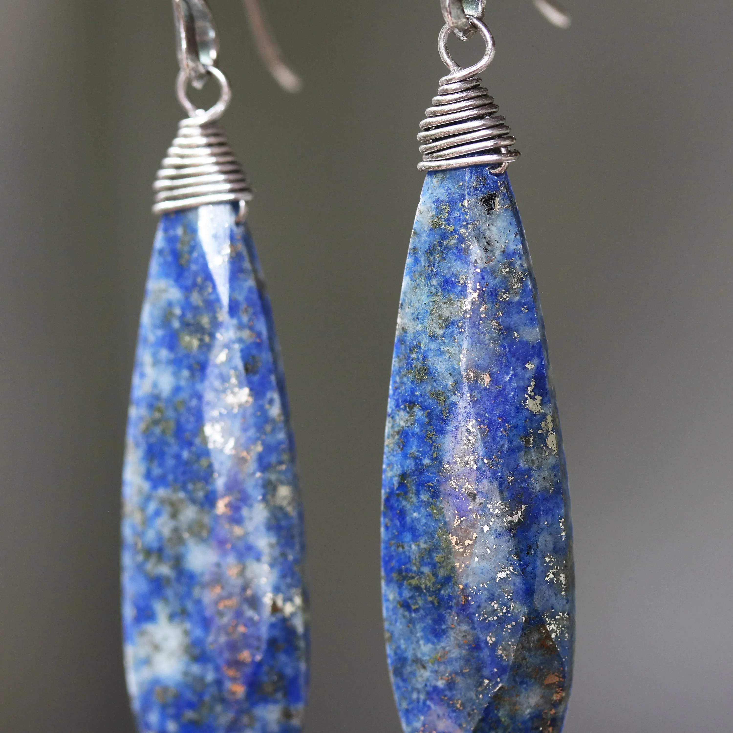 Lapis lazuli teardrop faceted earrings with silver wire wrapped on oxidized sterling silver hooks style