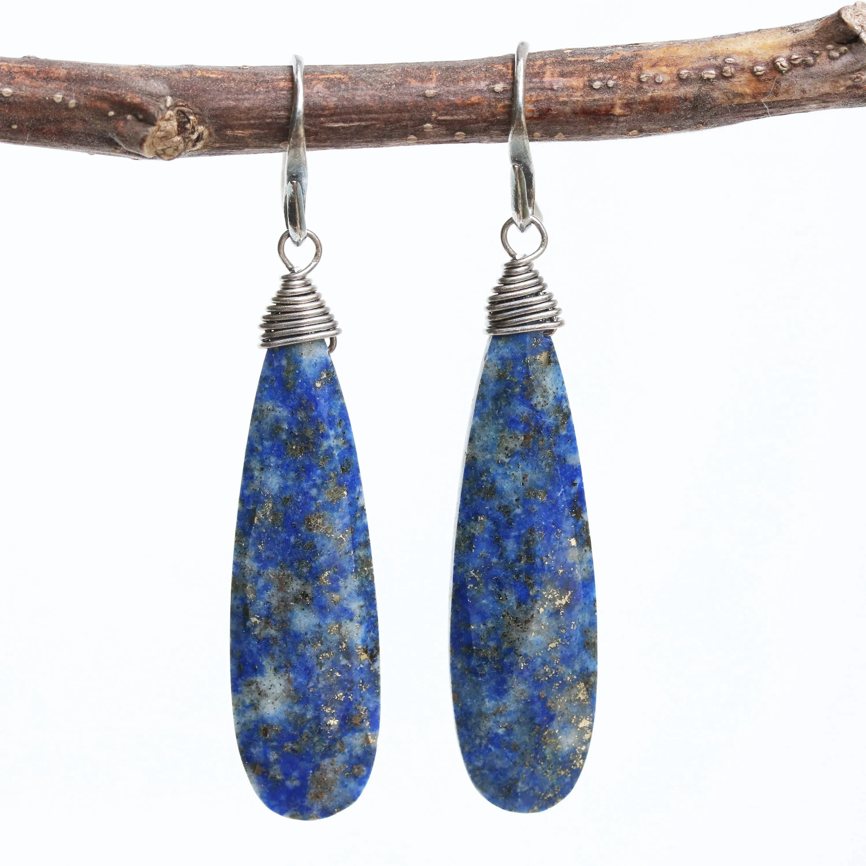 Lapis lazuli teardrop faceted earrings with silver wire wrapped on oxidized sterling silver hooks style
