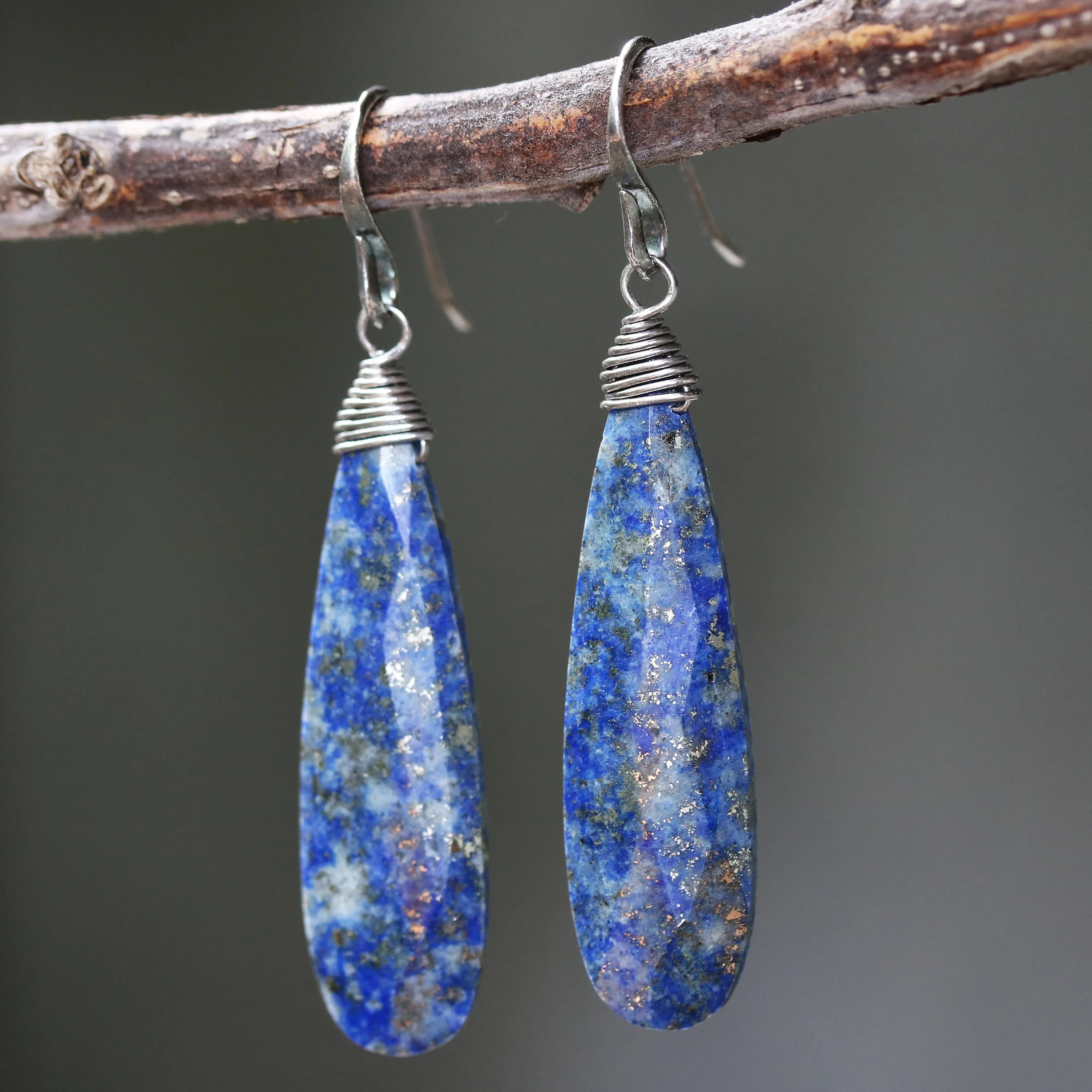 Lapis lazuli teardrop faceted earrings with silver wire wrapped on oxidized sterling silver hooks style